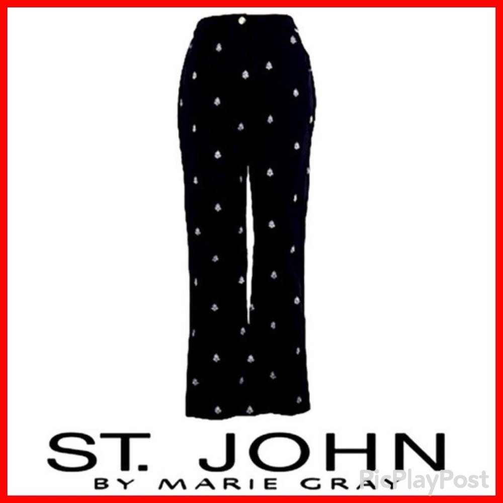 St. Johns White Bees Embroidered on Black Lined Trousers w/ Gold Hardware EUC 2